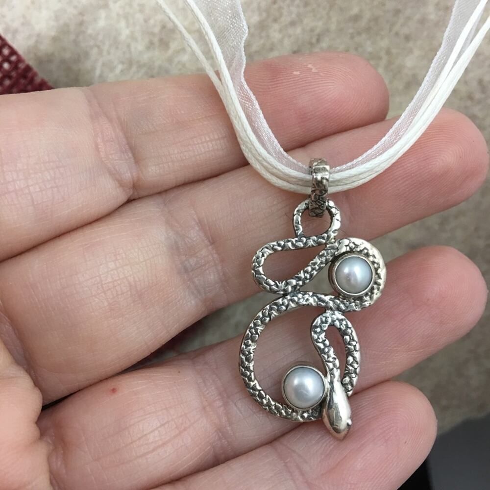 Sterling Silver Snake Pendant with Genuine Pearls on Organza Cord